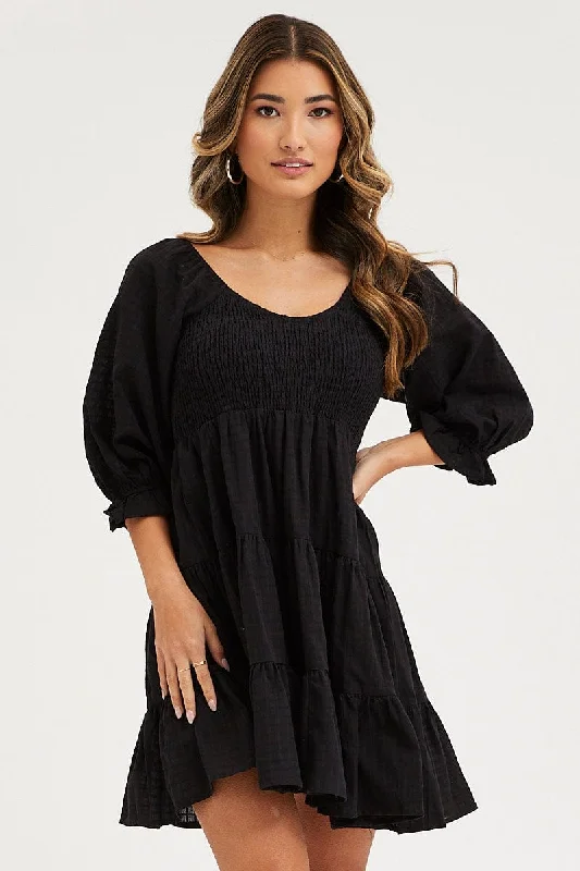 Women's Cozy Clothes Black Mini Dress Round Neck