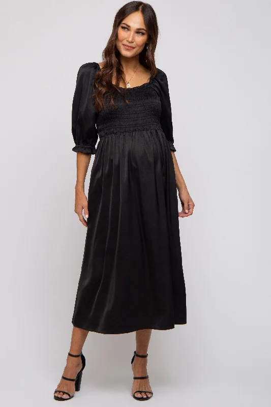 Modern Women's Attire Black Satin Smocked Maternity Midi Dress