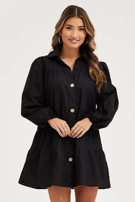 Women's Plus-Size Outfit Black Tiered Dress Long Sleeve Mini