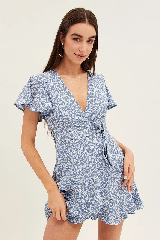 Chic Clothing For Women Blue Floral Wrap Dress Short Sleeve Mini Fit And Flare