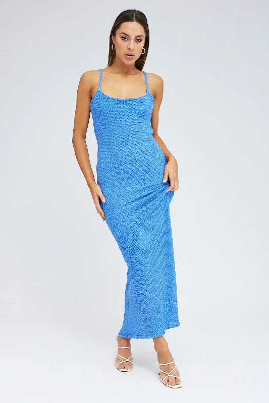 Women's Office Attire Blue Knit Dress Maxi Crochet