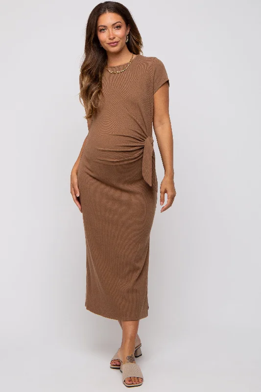 Women's Professional Clothes Brown Rib Knit Side Tie Maternity Midi Dress