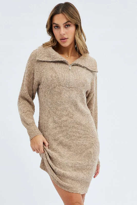 Affordable Luxury Women's Apparel Camel Knit Dress Long Sleeve Turtleneck Zip