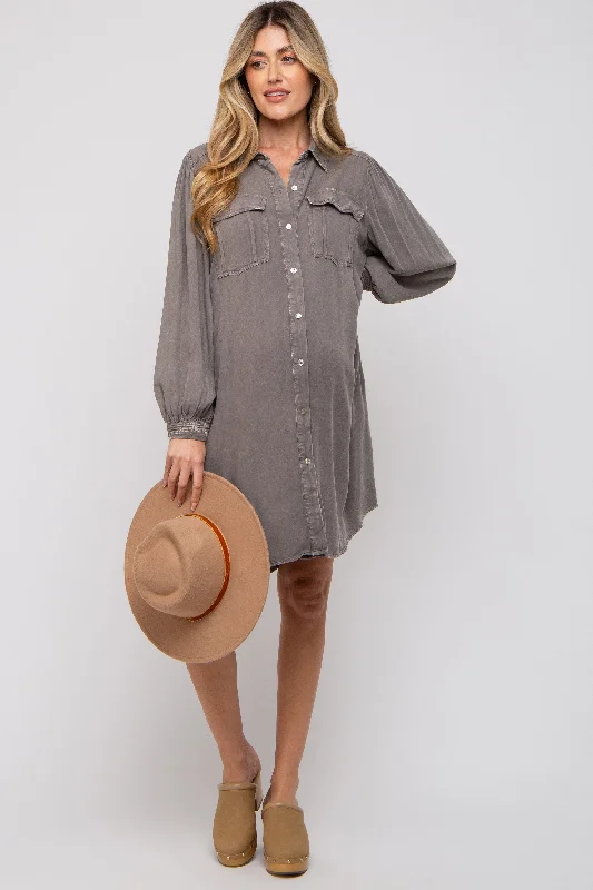 Affordable Women's Attire Charcoal Vintage Wash Maternity Shirt Dress