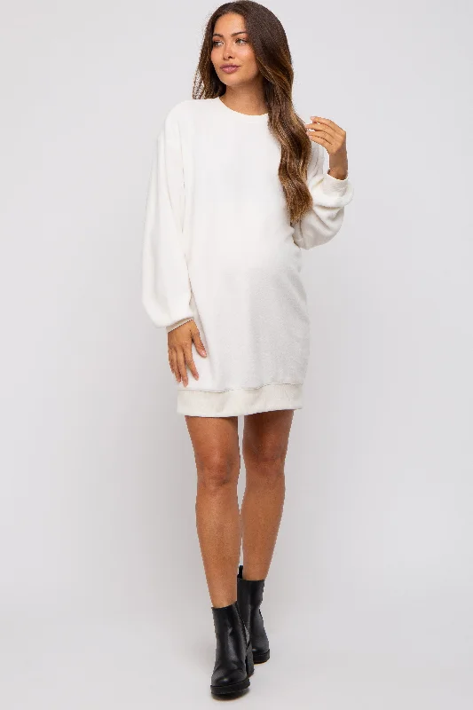 Women's Activewear Outfit Cream Fleece Oversized Maternity Sweatshirt Mini Dress