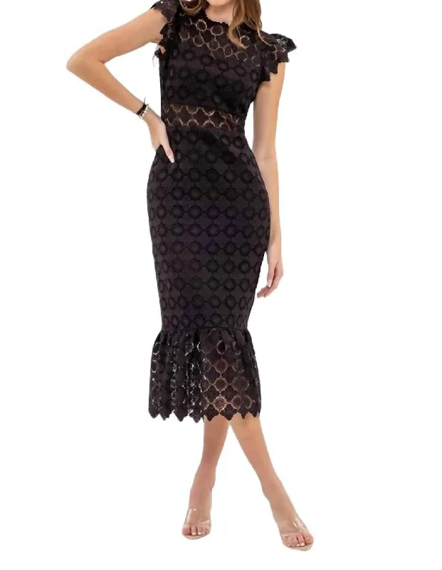 Women's Formal Event Outfit Eyelet Lace Ruffle Midi Dress In Black