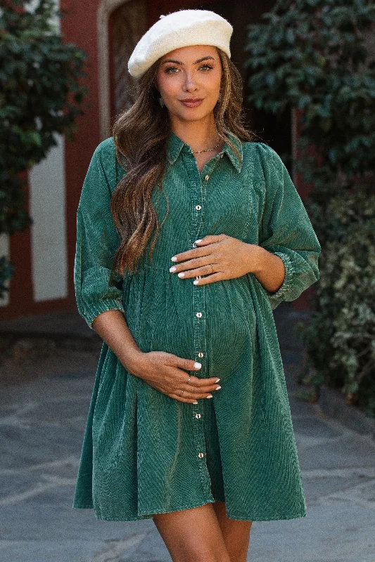 Stylish Outerwear Clothing For Women Green Corduroy Button Down Collared Maternity Dress