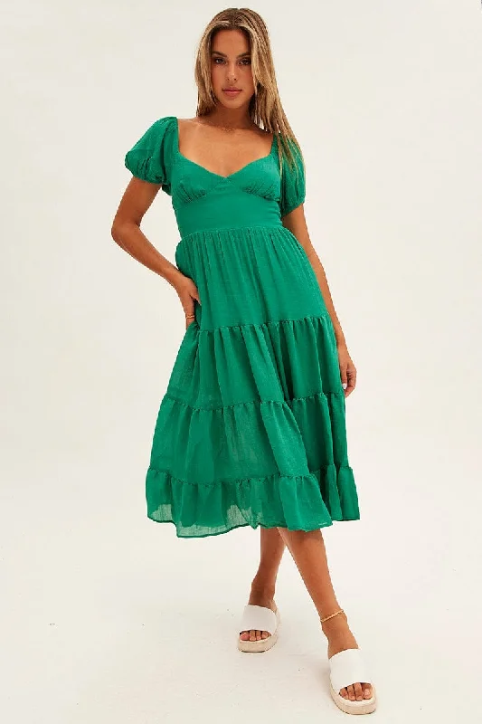 Women's High-Fashion Clothes Green Midi Dress Short Sleeve V-Neck