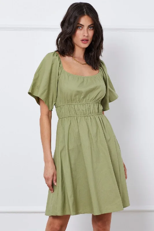 Women's Outerwear Attire Green Mini Dress Short Sleeve Square Neck