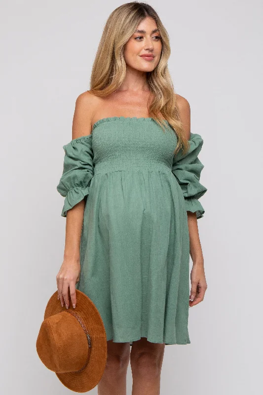 Casual Outfit For Women Green Smocked Off Shoulder Long Sleeve Maternity Dress