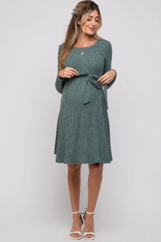 Women's Wedding Apparel Green Soft Rib Knit Sash Tie Maternity Dress