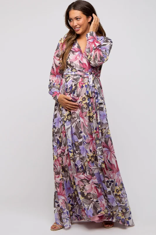 Women's Activewear Apparel Mauve Floral Chiffon Wrap Front V-Neck Long Sleeve Maternity Maxi Dress