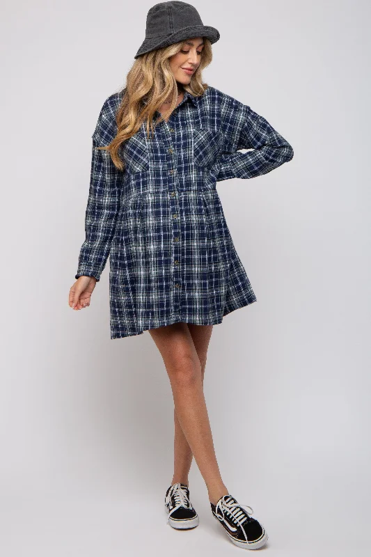 Women's Travel Apparel Navy Plaid Button Front Long Sleeve Maternity Dress