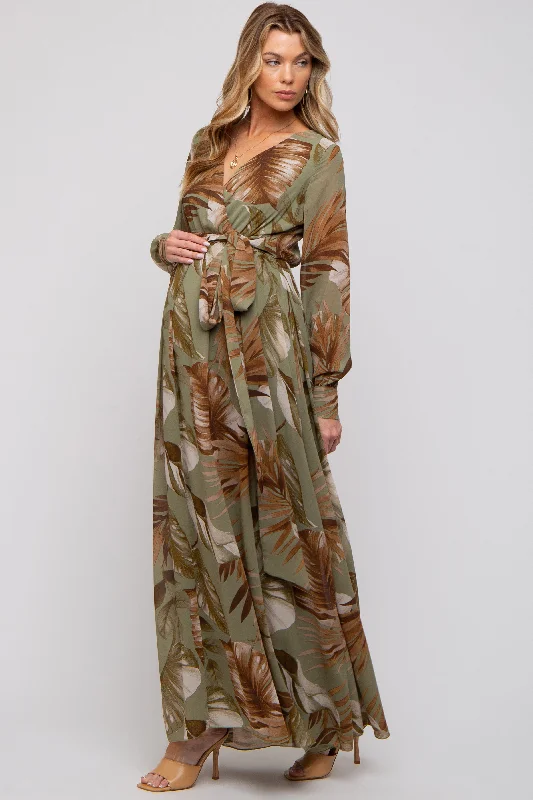 High-Fashion Women's Clothing Olive Palm Print Chiffon Wrap Front V-Neck Long Sleeve Maternity Maxi Dress