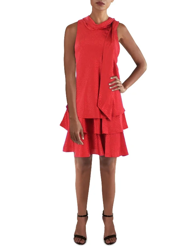 Women's Travel Attire Petites Womens Embossed Tiered Mini Fit & Flare Dress