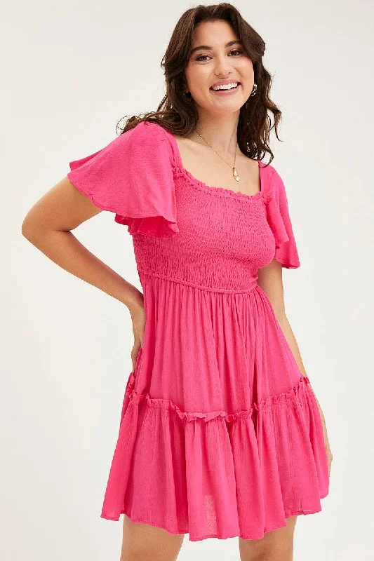 Women's Fashion-Forward Apparel Pink Skater Dress Short Sleeve Mini