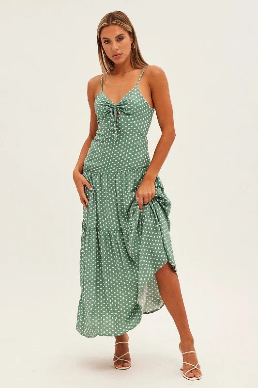 Charming Everyday Clothing For Women Print Polka Dot Maxi Dress Sleeveless Tie Front Tiered Polka Dot