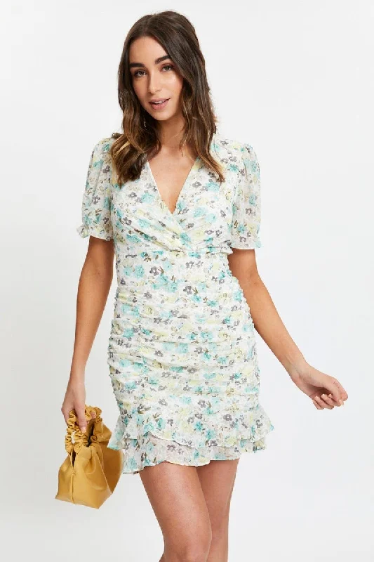 Women's Everyday Attire Print Puff Sleeve Ruched Dress