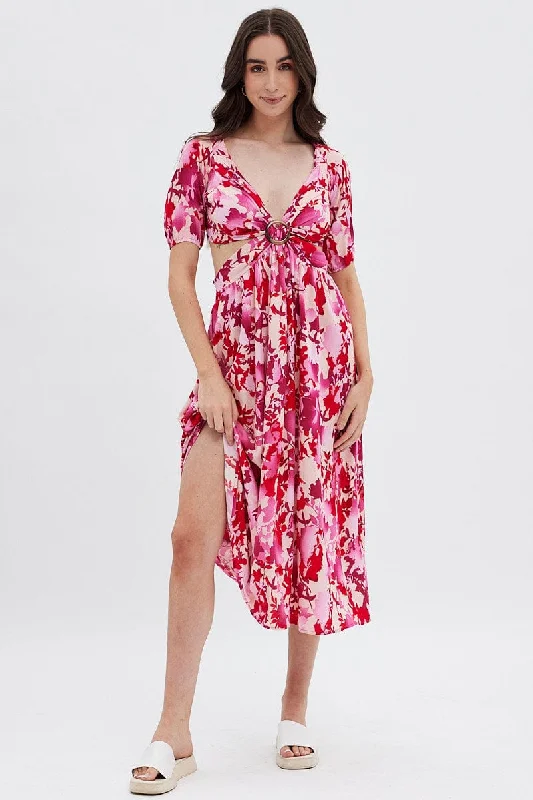 Women's Holiday Apparel Red Floral Cutout Midi Dress