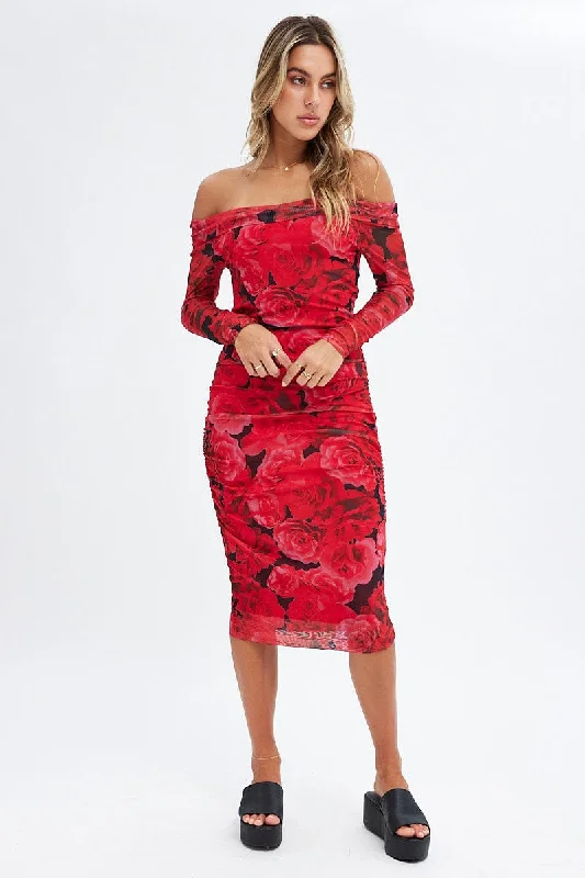 Women's Everyday Apparel Red Floral Midi Dress Bardot Off Shoulder Bodycon Ruched