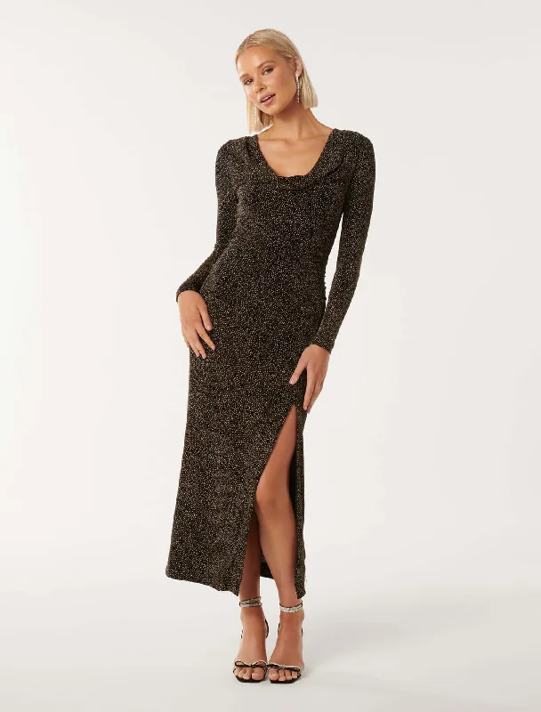 Women's Casual Wear Outfit Reva Cowl Neck Glitter Midi Dress