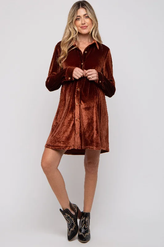 Women's Workout Clothing Rust Velvet Button Down Maternity Dress