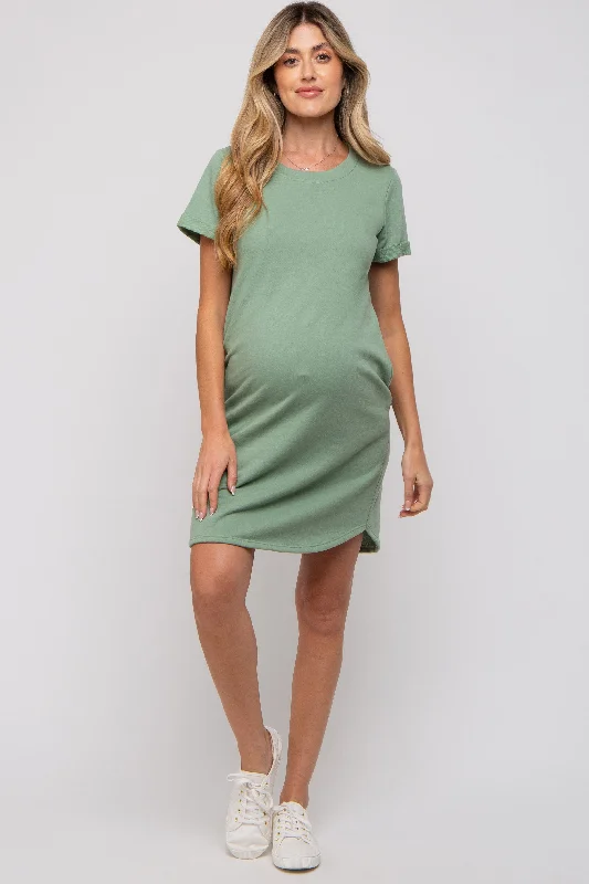 Women's Outerwear Garments Sage French Terry Cuffed Short Sleeve Maternity Dress