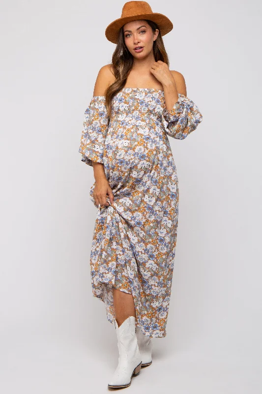 Women's Trendy Garments Taupe Floral Print Off Shoulder Smocked Maternity Maxi Dress