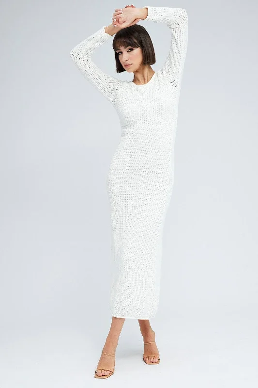 Women's Outerwear Garments White Crochet Maxi Knit Dress