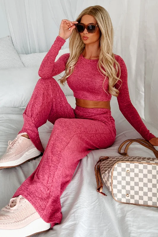 Women's Vacation Garments Asa Heathered Knit Crop Top & Pants Set (Hot Pink)