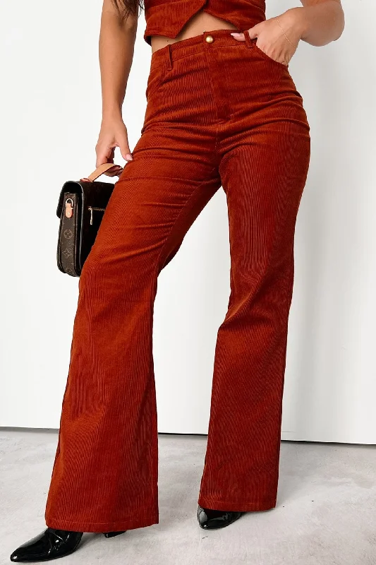 Vintage-Inspired Women's Apparel Boho Belle Corduroy Flare Pants (Rust)