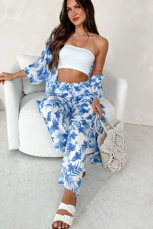 Women's Outerwear Apparel Happy In Hawaii Floral Kimono & Pant Set (Blue)