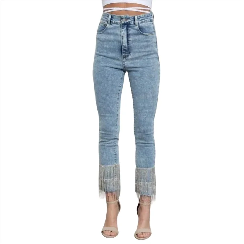 Women's Casual Outfit Layered Rhinestone Fringe Denim Pants In Denim Blue