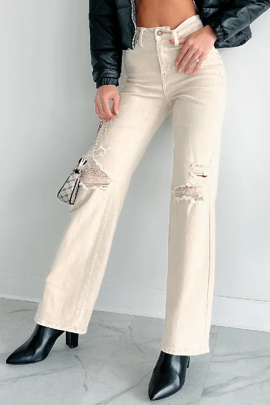 Women's Clothing For Special Occasions Linetta High Rise Distressed Judy Blue Straight Leg Jeans (Bone)