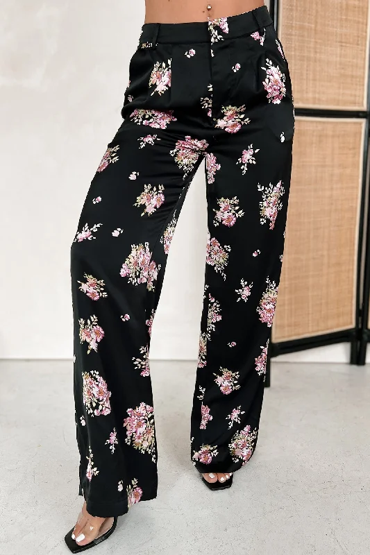 Women's Office Attire Positively Charming High Waisted Satin Floral Pants (Black)