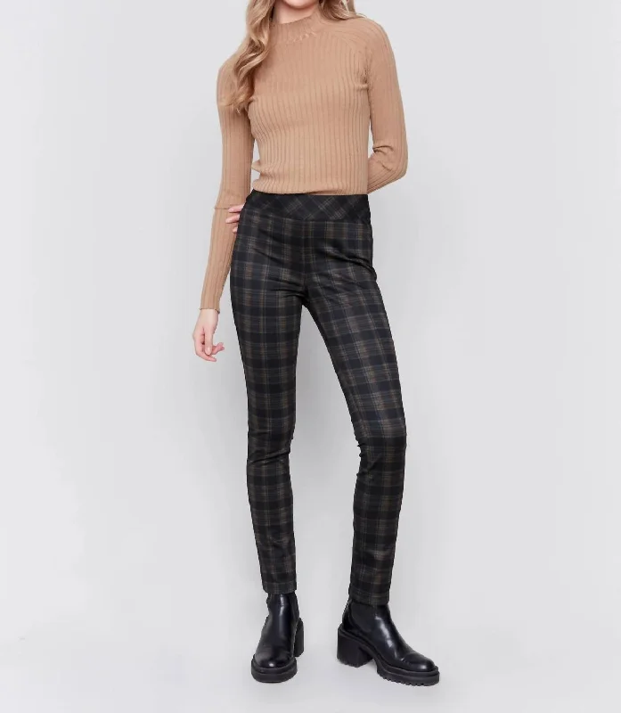 Fashionable Women's Clothing Reversible Pull-On Plaid Pants In Truffle